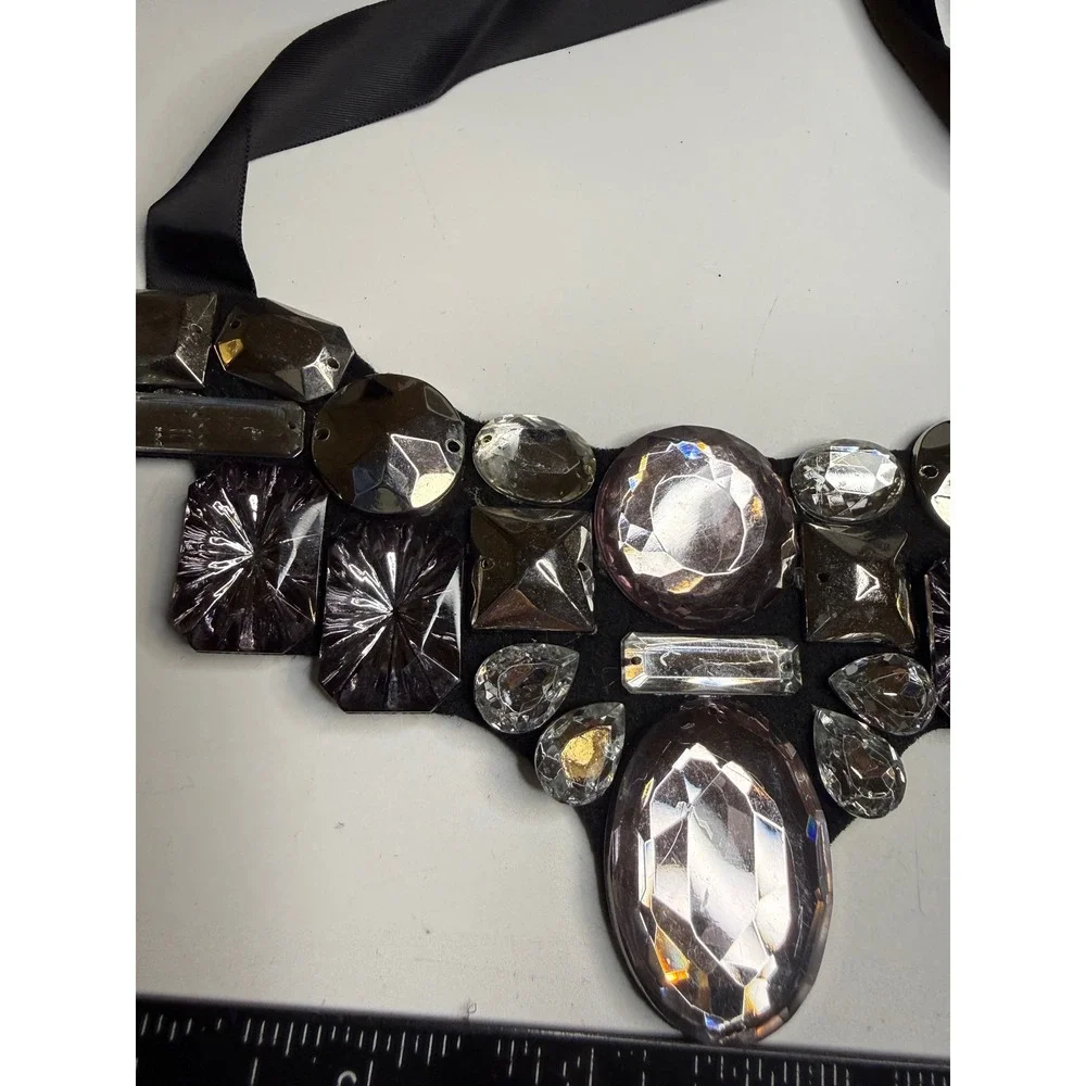 Black Satin Ribbon Tie Statement Bib Necklace Oversized Crystal Choker Collar